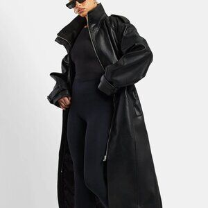 NWT Cernucci Faux Leather Trench Coat Size XS Black Long Leather Jacket NEW